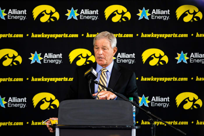 Iowa football coach Kirk Ferentz speaks during Thursday's press conference. (Katina Zentz/Iowa City Press-Citizen-Imagn Content Services